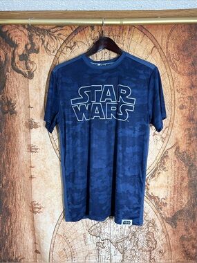 Mens Short Sleeve T-Shirt STAR WARS On Front Blue Camo Licensed Mad Engine EUC